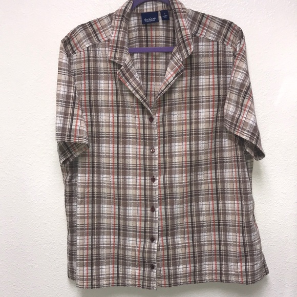 Gloria Vanderbilt Tops - Gloria Vanderbilt Casuals Women’s 1X Neutral Tones Button Up Plaid Top Blouse